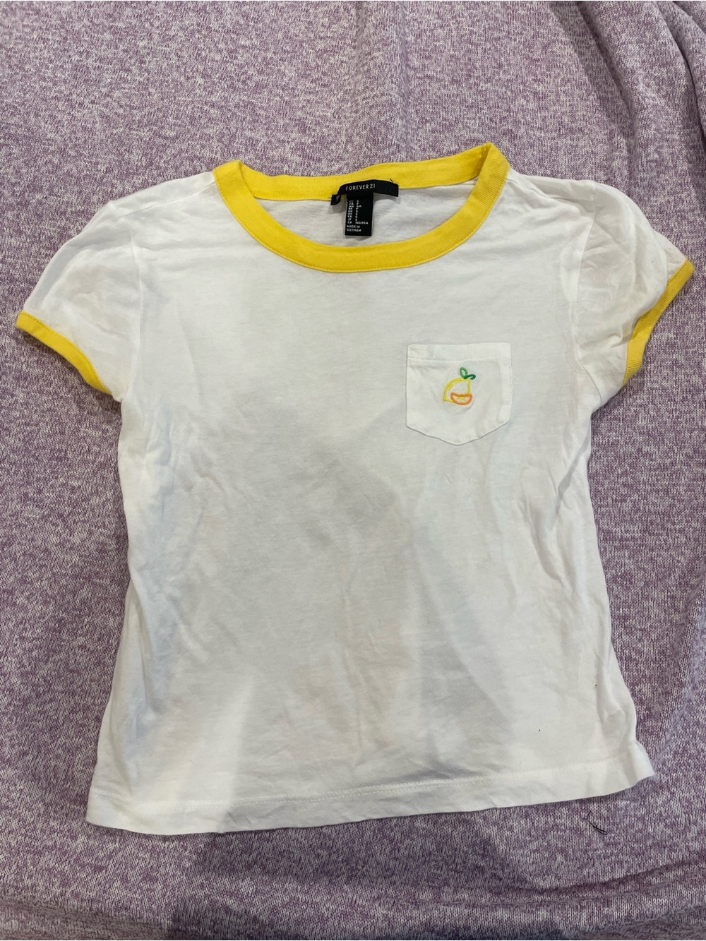 Forever 21 White Tee with Yellow Trim and Pocket Embroidery